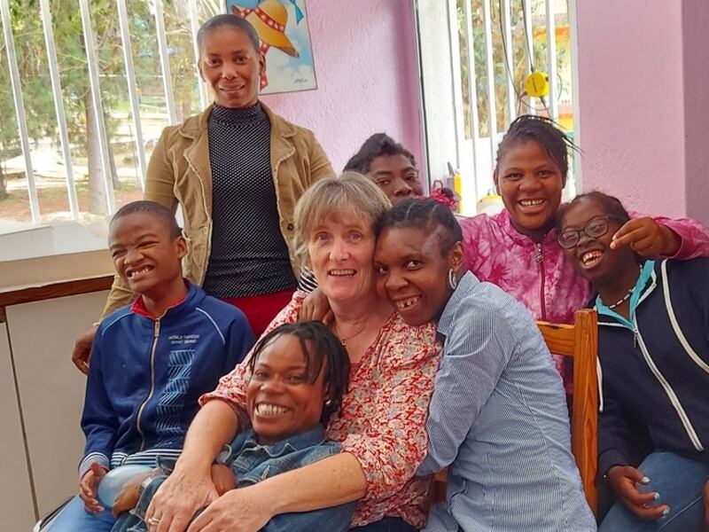 Gena Heraty, from Liscarney, Co Mayo, with residents and staff from Kay Christine Home, in Kenscoff, Haiti