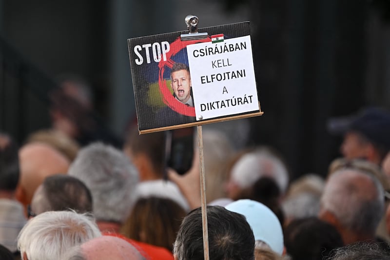 A protester at a pro-Fidesz rally holds a sign depicting Hungarian prime minister Peter Magyar and the slogan: 'A dictatorship must be suppressed in its infancy'. Photograph: Attila Kisbenedek/AFP/Getty