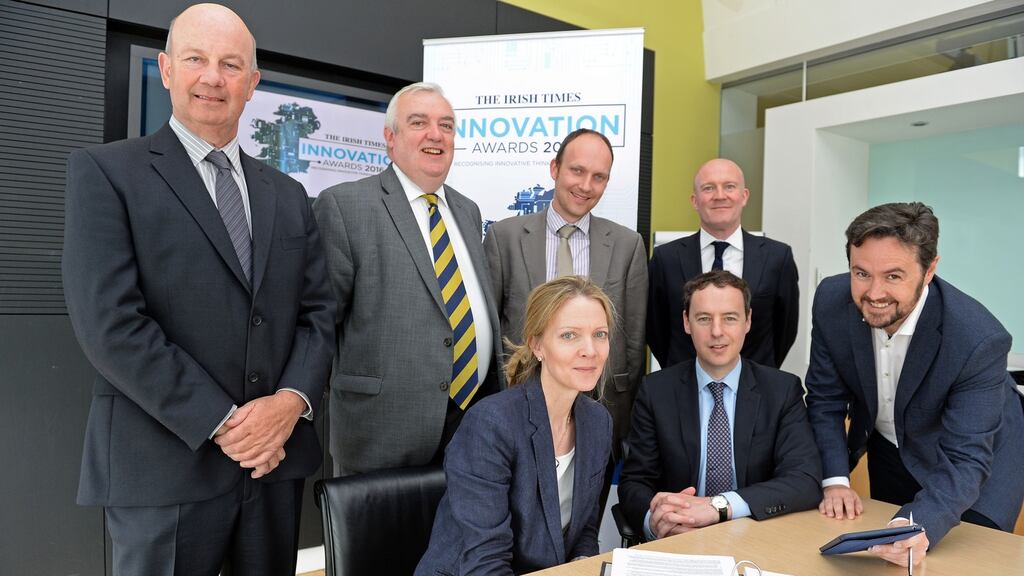 Judges of the 2016 awards: back, from left, Prof Pat Daly, Teagasc; Prof Pat Gibbons, UCD Michael Smurfit Graduate Business School; Dr Paul Beaney, Ulster University; Robert Love, AbbVie. Front, from left: Dr Marion Boland, Science Foundation Ireland; Niall Campbell, KPMG; Michael McAleer. Photograph: Eric Luke