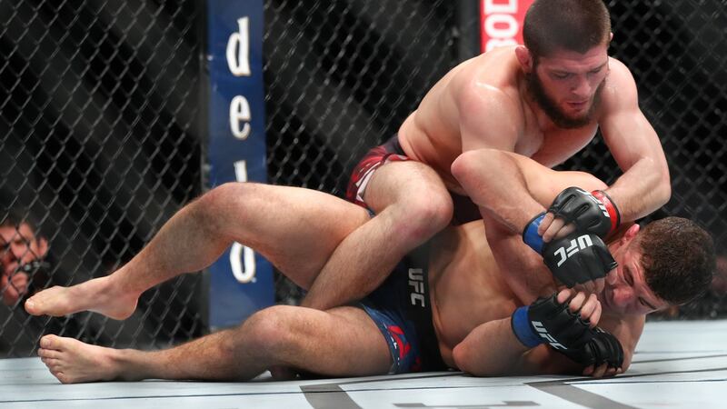 Khabib Nurmagomedov during his UFC lightweight title win over Al Iaquinta. Photograph:  Ed Mulholland/Getty