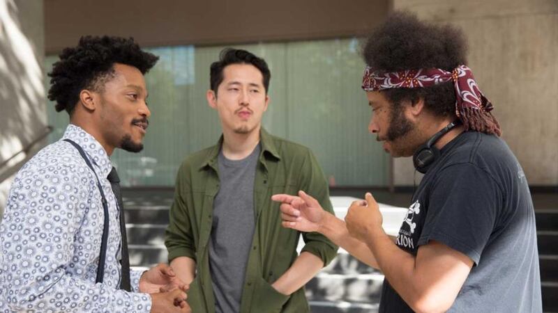Sorry to Bother You: Boots Riley (right) on set with Jermaine Fowler and Steven Yeun