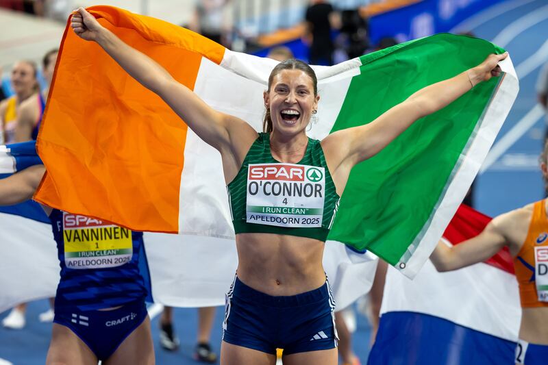 Kate O’Connor celebrates after the final event of the pentathlon on Sunday. Photograph: Morgan Treacy/Inpho
