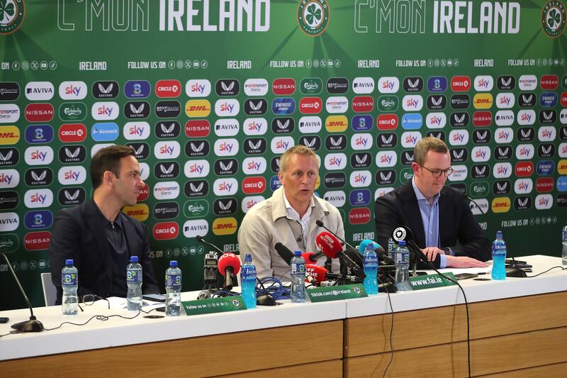 FAI director of football Marc Canham, manager Heimir Hallgrímsson and FAI interim CEO David Courell at the Aviva Stadium, Dublin. Photograph: Bryan Keane/Inpho