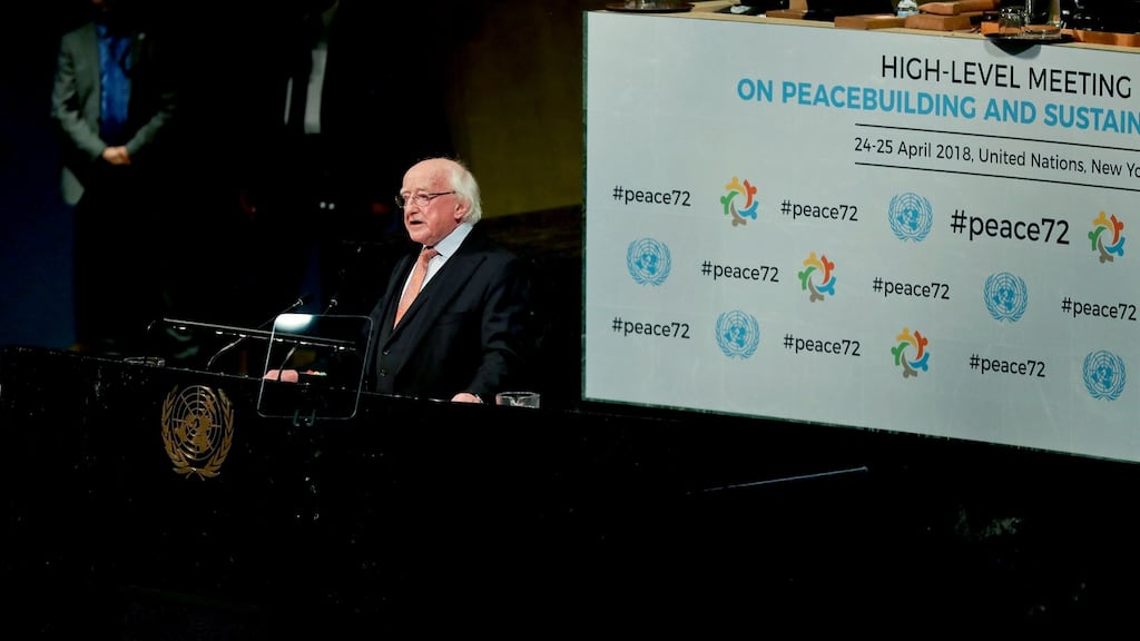President Michael D Higgins makes his address to the UN General Assembly in New York  on Peacebuilding and Sustaining Peace. Photograph: Maxwells
