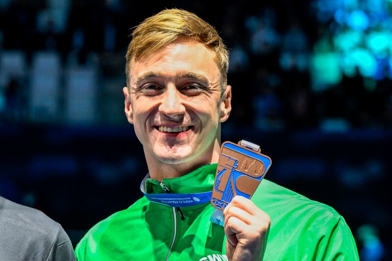 Shane Ryan celebrates with his bronze medal in Budapest. Photograph: Andrea Masini/Inpho