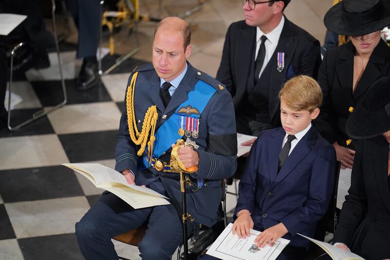 The Prince of Wales and Prince George during her State Funeral of Queen Elizabeth II at the Abbey in London. Photograph: Dominic Lipinski/PA