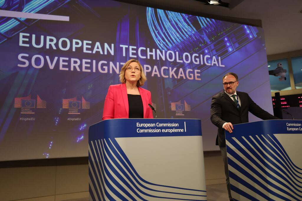 European Commission executive vice-president Henna Virkkunen and Commissioner for Energy and Housing Dan Jorgensen publish the EU Tech Sovereignty Package. Photograph: Olivier Hoslet/EPA