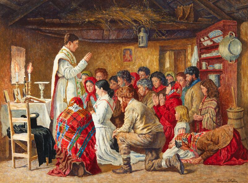Watercolour on paper of Mass in a Connemara Cabin (€20,000-€30,000), by Aloysius O’Kelly, Whyte's