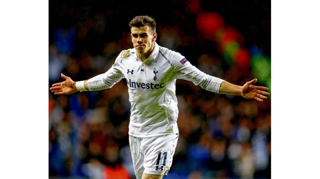 Gareth Bale celebrates after scoring this second goal from a free kick against Olympique Lyonnais at White Hart Lane on Thursday night, the latest glorious strike in a great season. Photograph: Paul Gilham/Getty Images