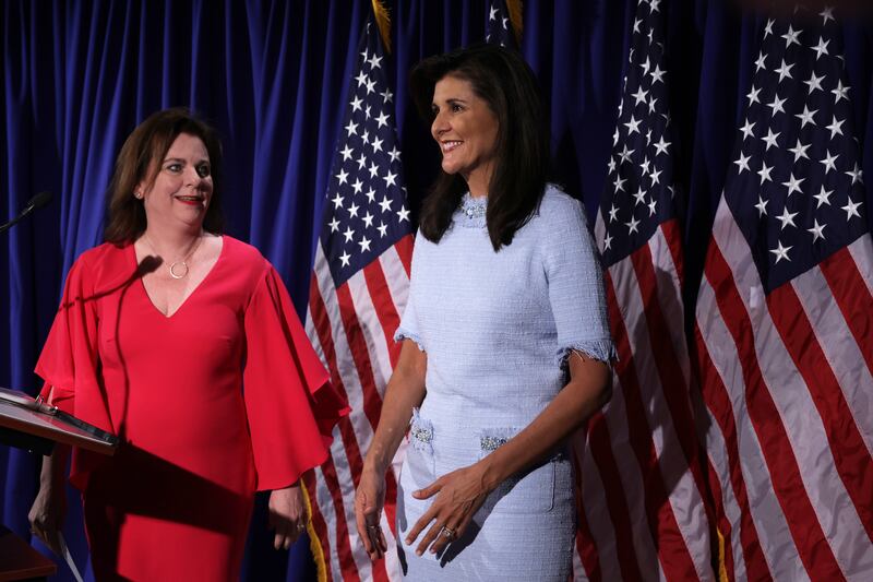 President of Susan B Anthony Pro-Life America Marjorie Dannenfelser introduces Republican US presidential candidate Nikki Haley, who is campaigning against Donald Trump to be the presidential nominee of the Republican Party. Photograph: Alex Wong/Getty 