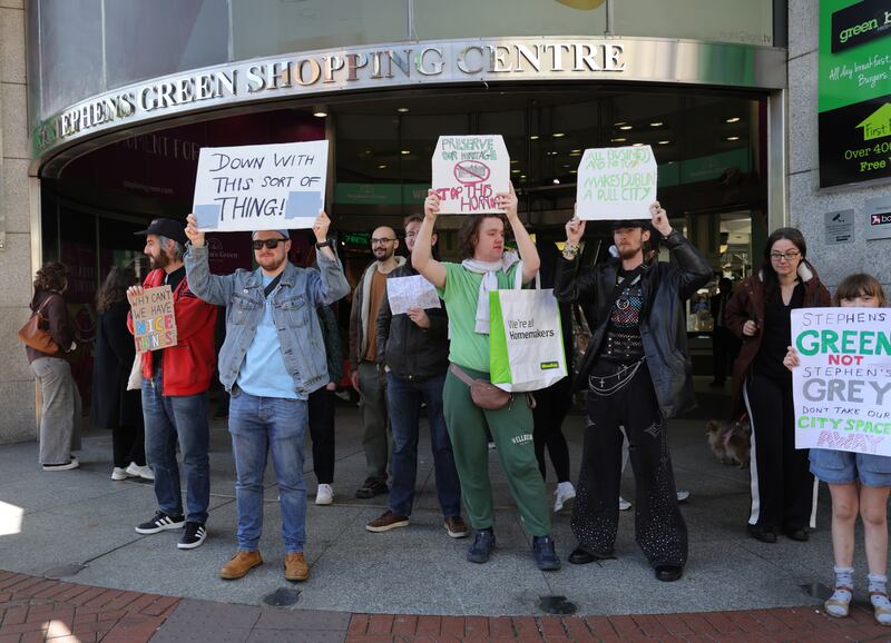 Protestors outside the shopping centre on Saturday. Photograph: Bryan O’Brien
