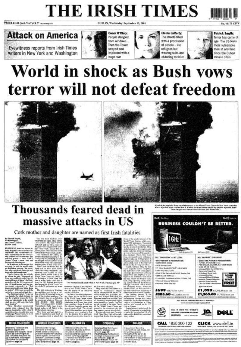 Full front page of Irish Times, September 12th