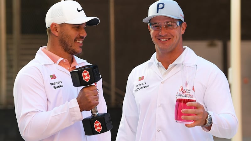 Koepka and DeChambeau at the launch of the Abu Dhabi HSBC Championship in 2020. Photo: Ross Kinnaird/Getty Images