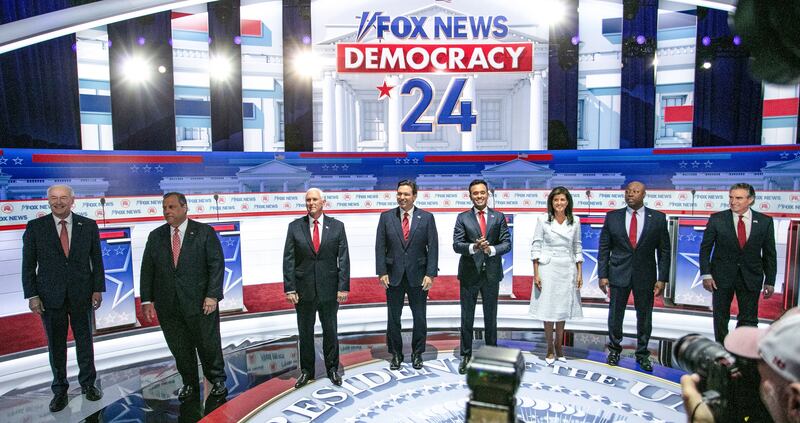 Arkansas governor Asa Hutchinson, former New Jersey governor Chris Christie, former vice-president Mike Pence, Florida governor Ron DeSantis, businessman Vivek Ramaswamy, former South Carolina governor Nikki Haley, US senator Tim Scott and North Dakota governor Doug Burgum before the Republican presidential debate in Milwaukee, Wisconsin on August 23rd. Photograph: Jim Vondruska/EPA-EFE