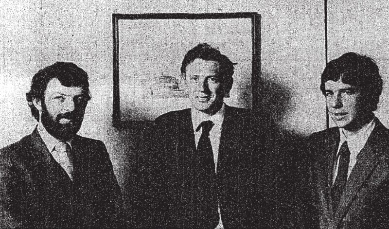 Colm McCarthy, Brian Davy and Robbie Kelleher pictured at the launch of new economic consulstancy firm Davy Kelleher McCarthy (DKM), in March 1981, Irish Times