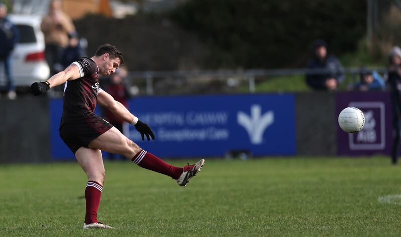 Galway’s Shane Walsh kicks a late two-pointer to level the game with Tyrone in Tuam Stadium on March 2nd. Photograph: James Crombie/Inpho