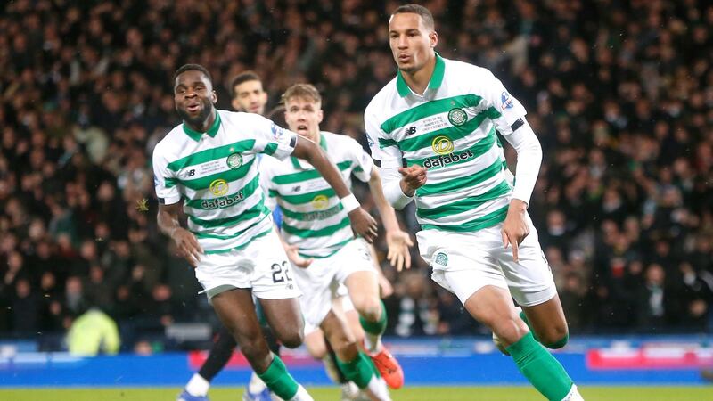 Celtic’s Christopher Jullien celebrates scoring his side’s winner against Rangers. Photograph: Jeff Holmes/PA