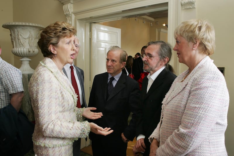 Former president Mary McAleese (left) speaking with members of the board of the RehabCare volunteer programme. From left: Liam Hogan, Gene Lambert and Noreen Gildea at Dublin Castle. Photograph: Cyril Byrne