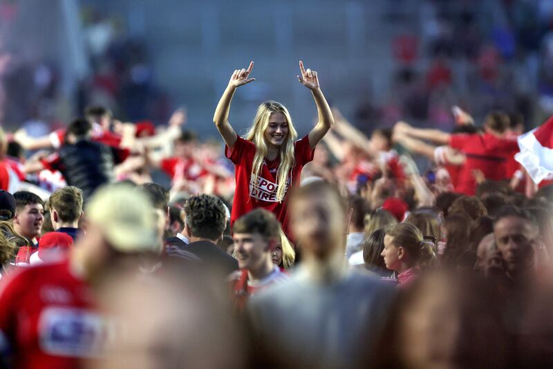 Cork fans celebrate after the game. Photograph: Laszlo Geczo/Inpho