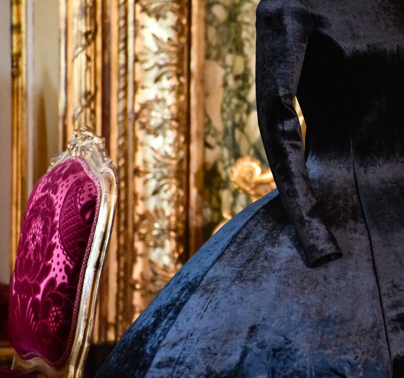 Close-up of a ball dress by Demna for Balenciaga in laminated velvet, 2020