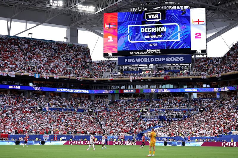 Var's 'no penalty' decision after England had initially been awarded a penalty when Djed Spence fell in the box against Norway. Photograph: Dan Mullan/Getty Images