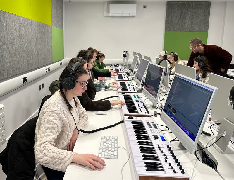 Royal Irish Academy of Music: music technology and composition students in the new facility. Photograph: Riam