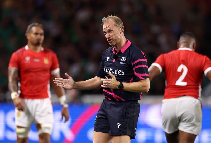 Referee Wayne Barnes during the Rugby World Cup match between Ireland and Tonga at Stade de la Beaujoire in Nantes on Saturday. Photograph: Warren Little/Getty Images