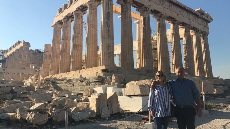 Ruth Gallagher and her father Manus at the Acropolis.