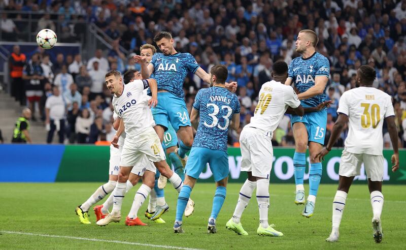 Clement Lenglet scores Tottenham's equaliser against Olympique Marseille at Orange Velodrome.
