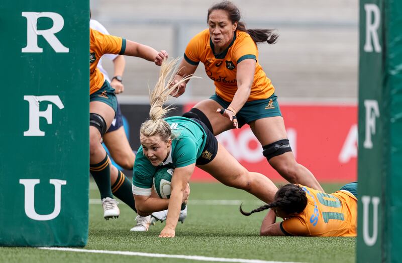 Ireland’s Aoife Dalton crosses the whitewash for Ireland against Australia at Kingspan Stadium in Belfast, Photograph: Dan Sheridan/Inpho