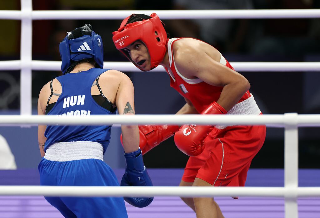 Algeria's Imane Khelif (right) and Hungary's Luca Anna Hamori during the Women's 66kg quarterfinal at the North Paris Arena on the eighth day of the 2024 Paris Olympic Games in France. Photograph: Isabel Infantes/PA Wire