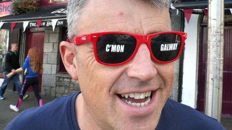 Galway hurling supporter Ronnie Greaney at his decked-out Dew Drop public house in Galway. Photograph: Joe O’Shaughnessy