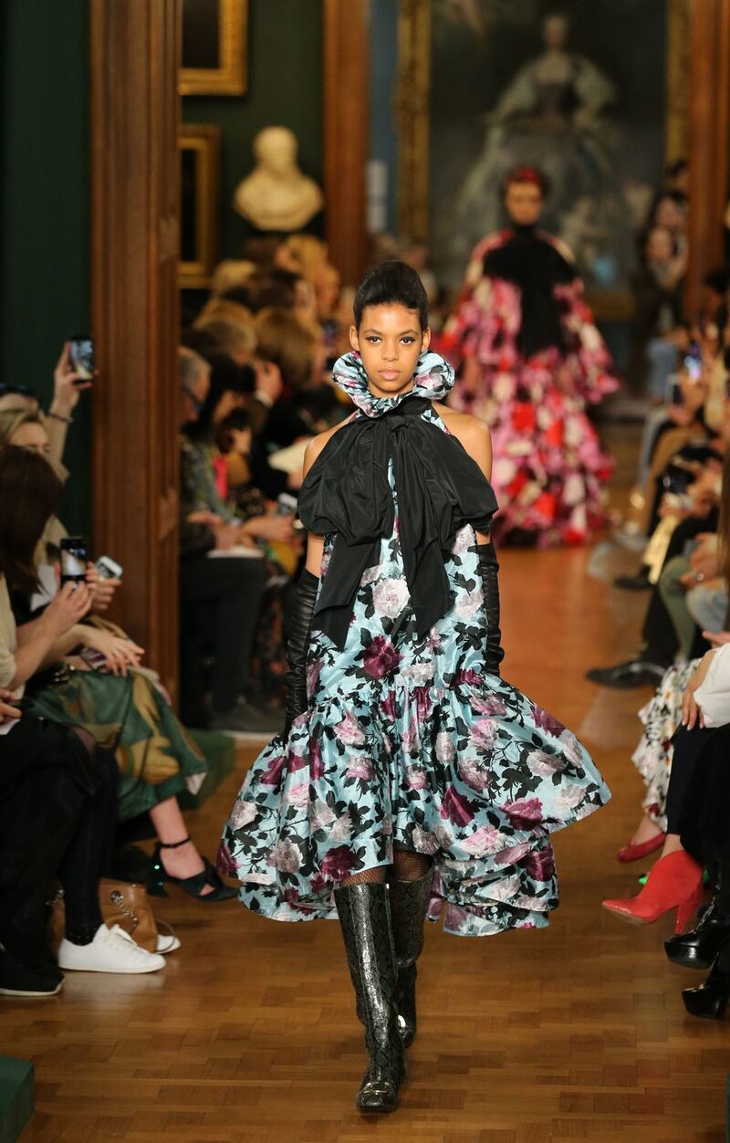 Models on the catwalk during the Erdem Autumn/Winter 2019 London Fashion Week show at The National Portrait Gallery, London. Photograph:  Isabel Infantes/PA