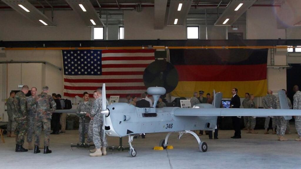 A Unmanned Aerial System at the US military base in Vilseck-Grafenwoehr in Germany. “The detachment of warfare feeds into how we are detaching ourselves more and more from the reality of living.” Photograph: Reuters/Michaela Rehle