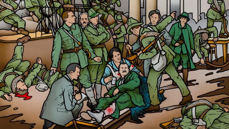 Robert Ballagh based his version of the GPO scene (detail above) on Paget’s painting. Photograph: Ciaran Rooney