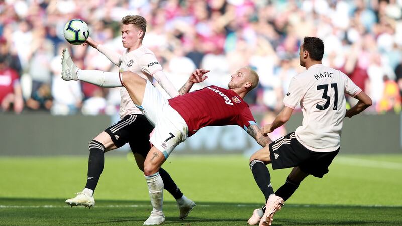 West Ham United’s Marko Arnautovic is challenged by  Manchester United’s Scott McTominay  during the Premier League match at London Stadium. Photograph: Ian Walton/PA Wire