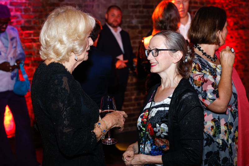 British queen Camilla meeting Anna Burns ahead of the Booker Prize 2022 winner ceremony. Burns won in 2018 for Milkman. Photograph: PA