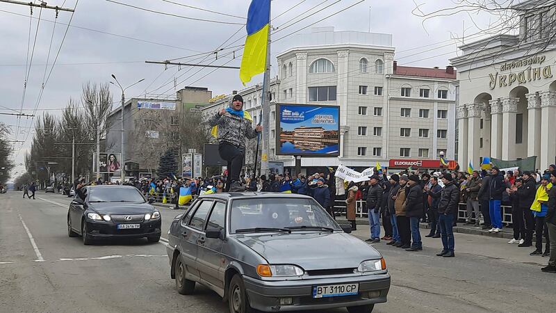 A rally against the Russian occupation in Svobody (Freedom) Square in Kherson, Ukraine. Photograph: Olexandr Chornyi/AP Photo