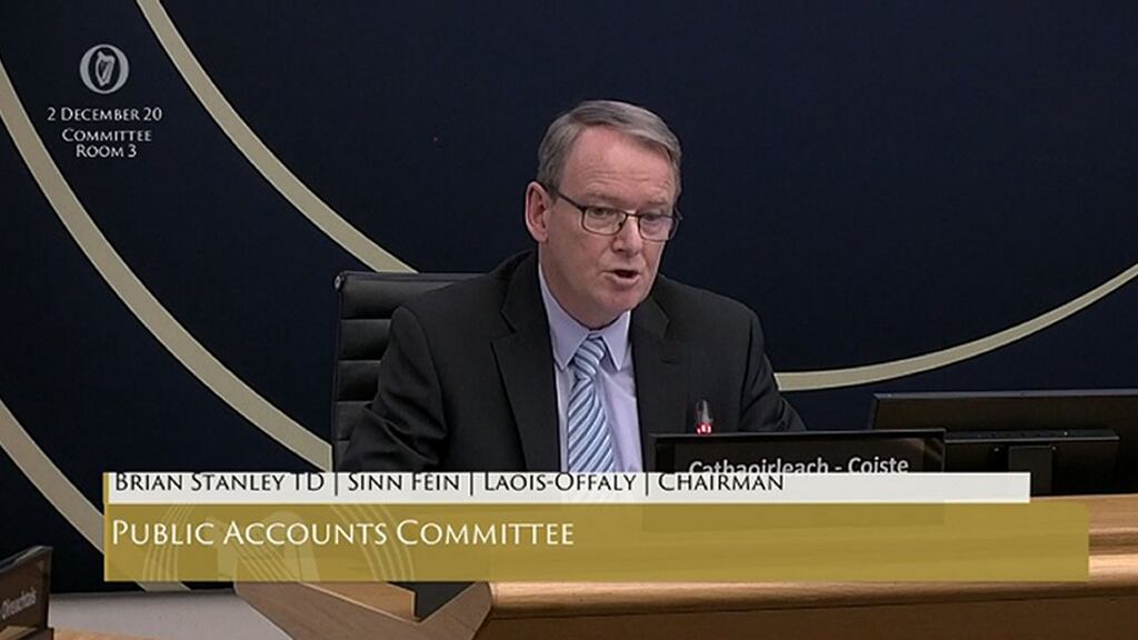 Sinn Féin TD Brian Stanley apologising for posting a controversial tweet about the IRA murder of 18 British soldiers during the Troubles at the Public Accounts Committee. File photograph: Oireachtas TV/PA Wire