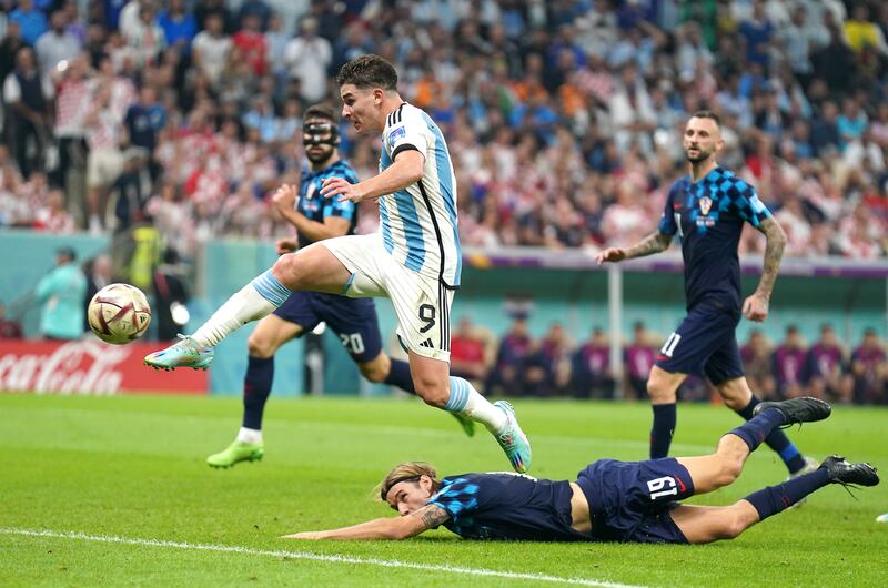Argentina's Julian Alvarez scores their side's second goal of the game. Photograph: Mike Egerton/PA Wire