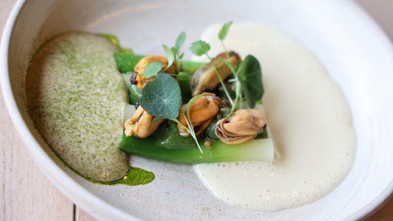 Baby leeks with pickled Galway mussels. Photograph: Nick Bradshaw