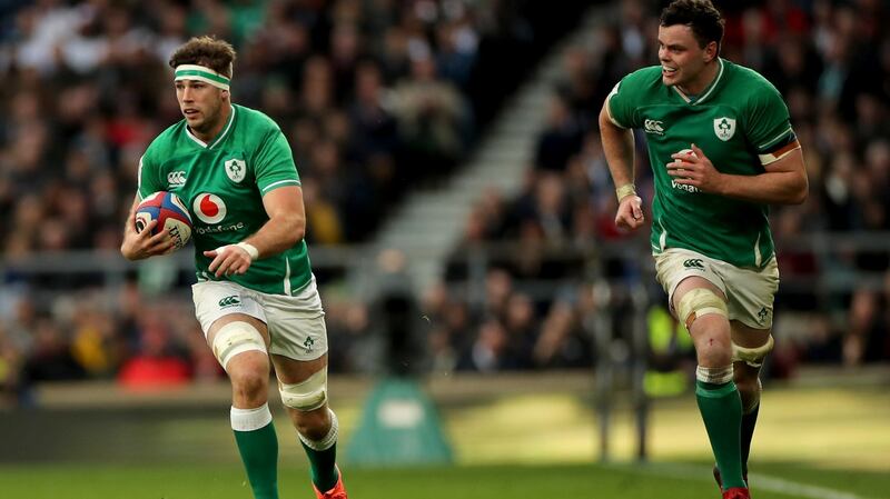 Ireland’s Caelan Doris and James Ryan at the  Guinness Six Nations Championship Round 3 match against England at Twickenham. Photograph: James Crombie/Inpho