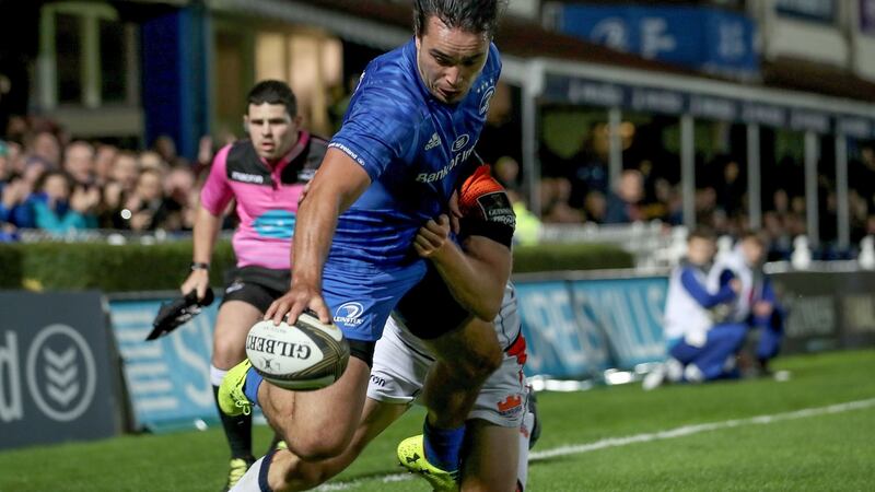 James Lowe scores Leinster’s  second try during the Guinness Pro 14 game at the  RDS. Photograph: Dan Sheridan/Inpho