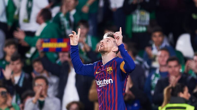 Messi raised a hand, then pointed to the sky as he does. “I’m grateful,” he said later.  Photograph: Aitor Alcalde/Getty Images