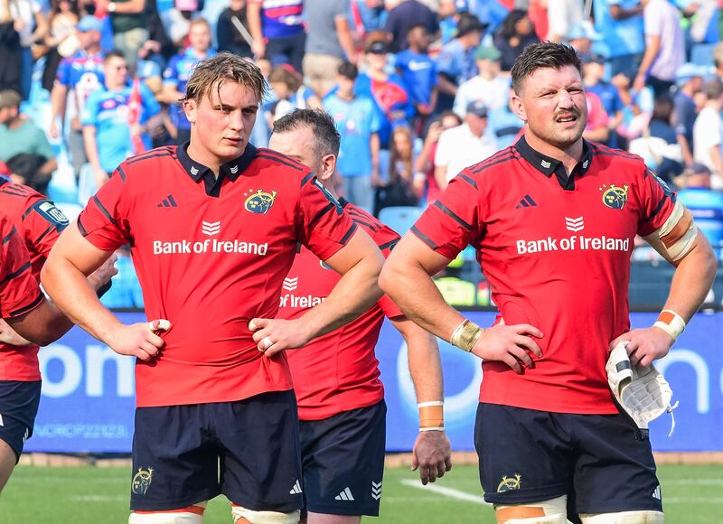 Gavin Coombes and Fineen Wycherley of Munster dejected after the match. Photograph: Darren Stewart/ Inpho/Steve Haag Sports