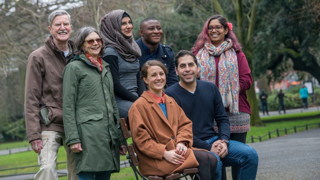 New To The Parish author Sorcha Pollak, centre, with James and Ellen Baker; Maisa al-Hariri Azeez Yusuff;  Chandrika Narayanan Moham; and George Labbad, all of whom tell their story of moving to Ireland. Photograph: Brenda Fitzsimons