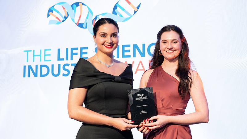 Larissa Coutinho, marketing and communications at SGS Pharma, presents the life sciences rising star to Roisin Floyd on behalf of Eilis Crickard, SciLeads