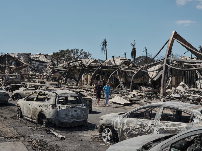 People survey the ruins of Lahaina in Maui, Hawaii, two days after it devastated by wildfire. Photograph: Philip Cheung/New York Times