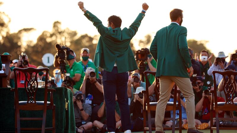 Hideki Matsuyama of Japan celebrates during the green jacket ceremony after winning the Masters at Augusta National Golf Club. Photograph:  Mike Ehrmann/Getty Images
