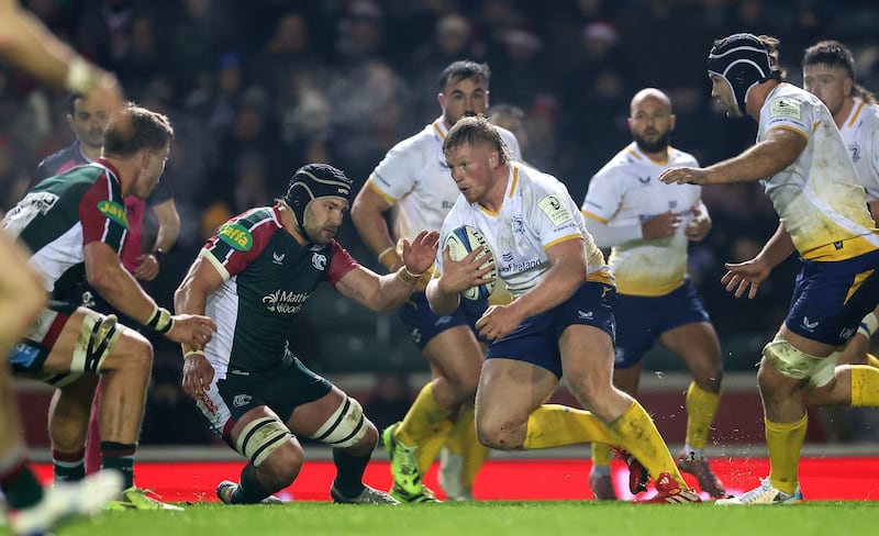 Leinster's Paddy McCarthy in action against Leicester's Harry Wells. Photograph: James Crombie/Inpho